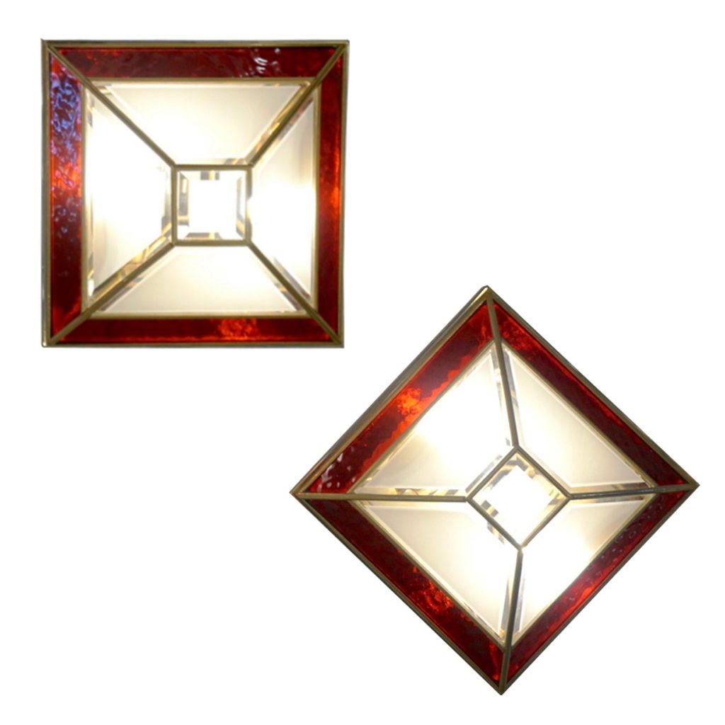 Italian 1950s Art Deco Style Pair of Red White Frosted Glass Sconces/Flushmounts