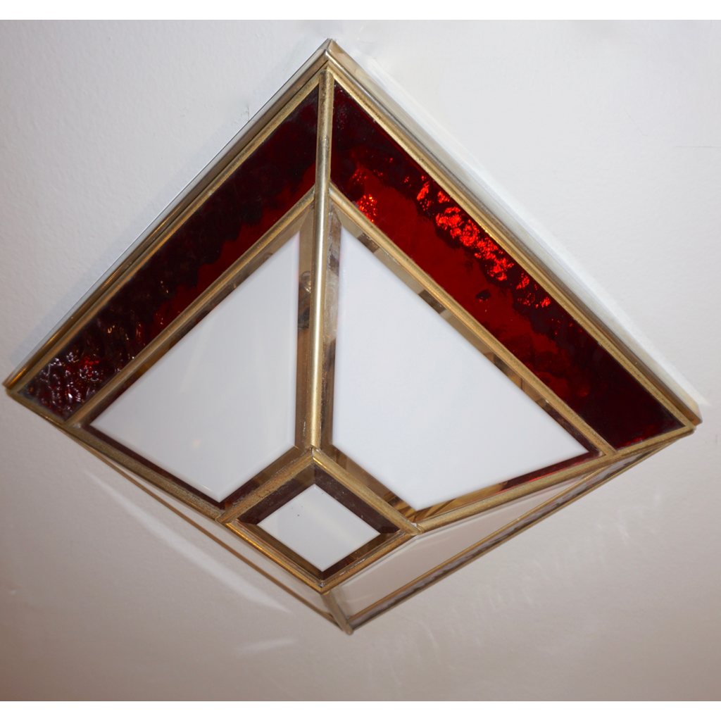Italian 1950s Art Deco Style Pair of Red White Frosted Glass Sconces/Flushmounts