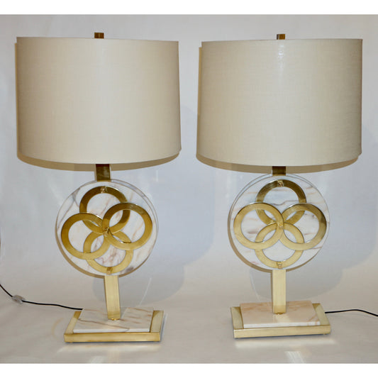 1970s Vintage Italian Pair of Modern Design Brass and Pink Carrara Marble Table Lamps