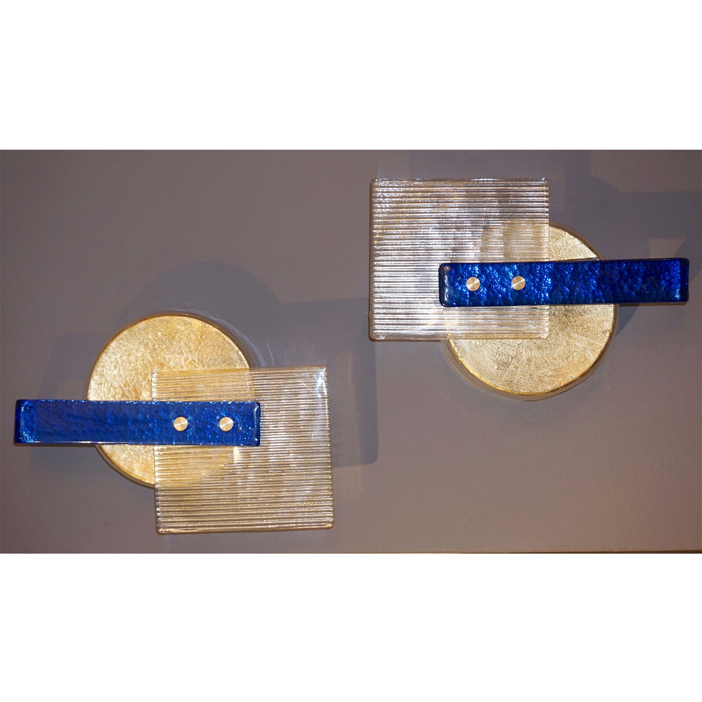 Italian Pair of Abstract Modern Gold Sapphire and Crystal Murano Glass Sconces