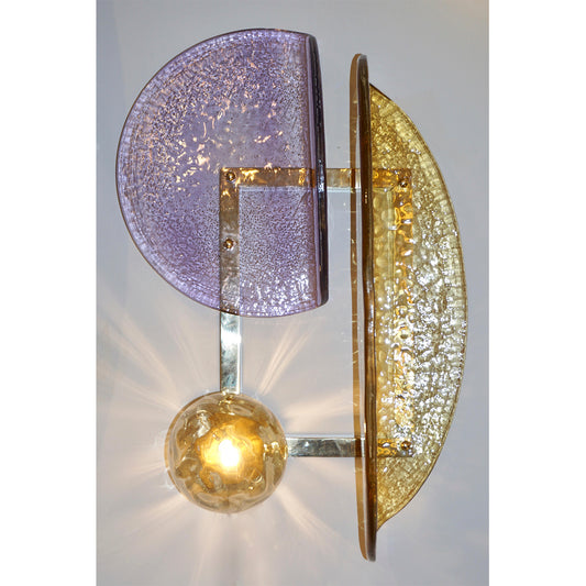 Contemporary Italian Pair of Amber and Amethyst Murano Glass Gold Brass Sconces