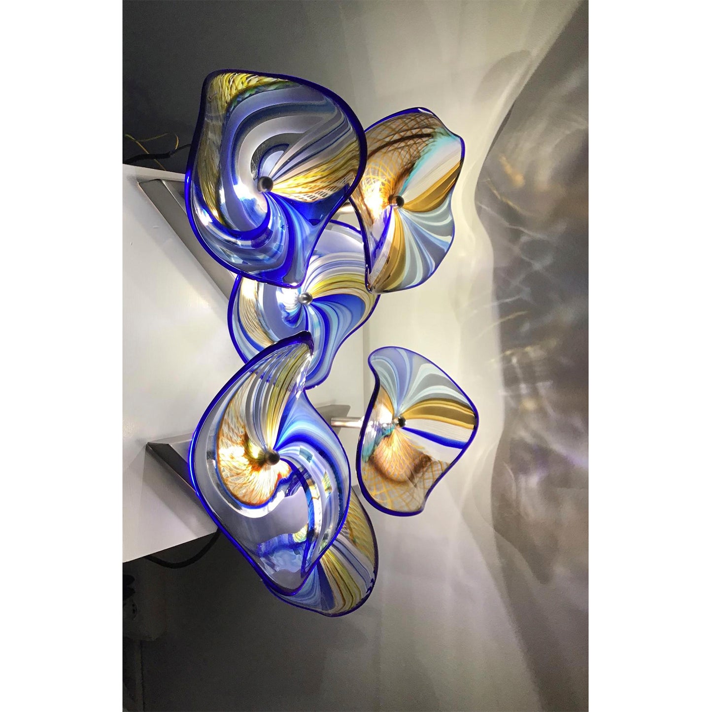 Contemporary Italian Pair of Gold Blue White Yellow Murano Glass Disc Sconces
