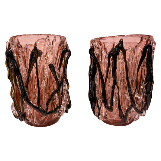 Costantini Italian Pair of Monumental Black Amethyst Clear Murano Glass Vases