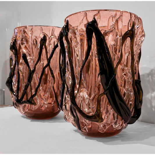 Costantini Italian Pair of Monumental Black Amethyst Clear Murano Glass Vases