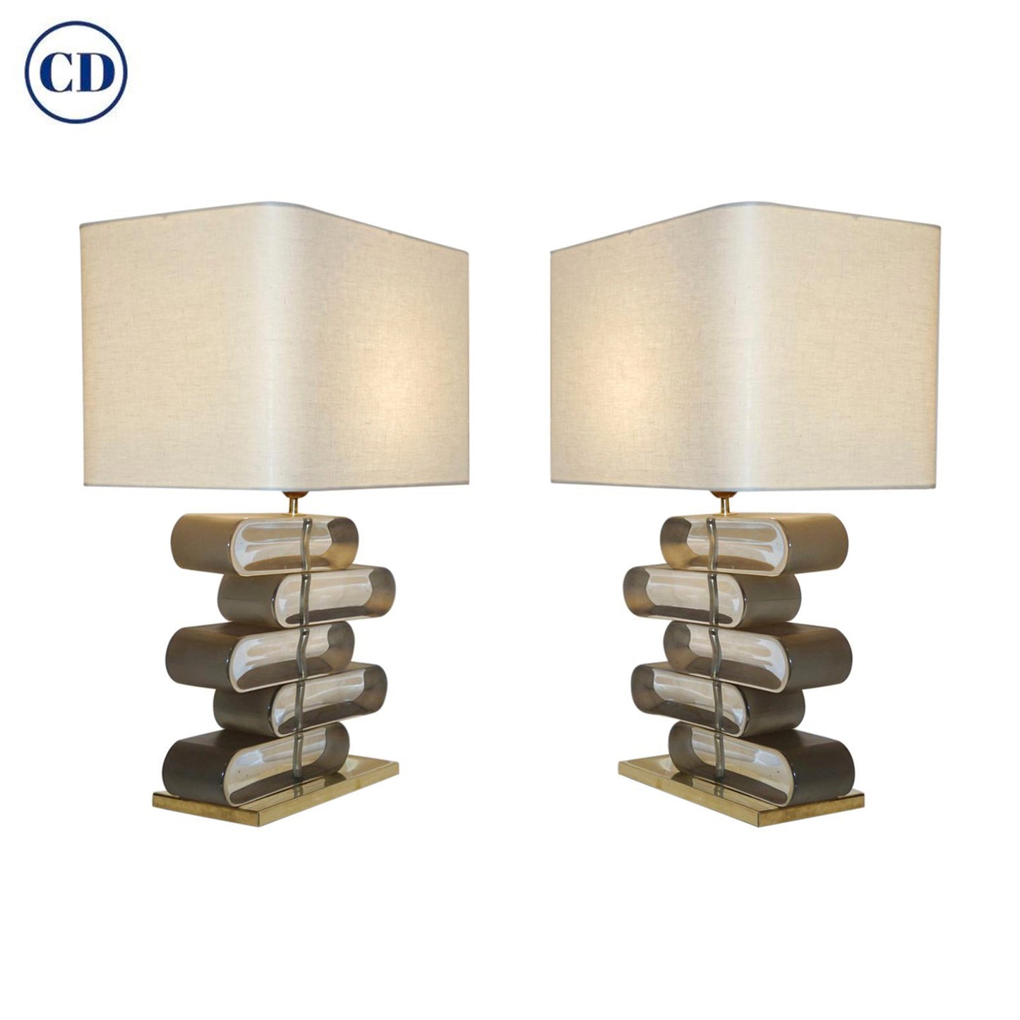 Italian Modern Pair of Brass and Bronze Murano Glass Architectural Table Lamps