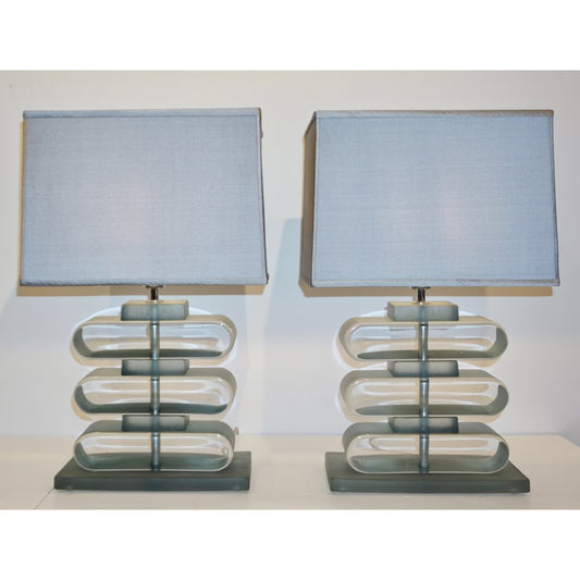 Italian Modern Pair of Nickel and Smoked Aqua Murano Glass Architectural Table Lamps