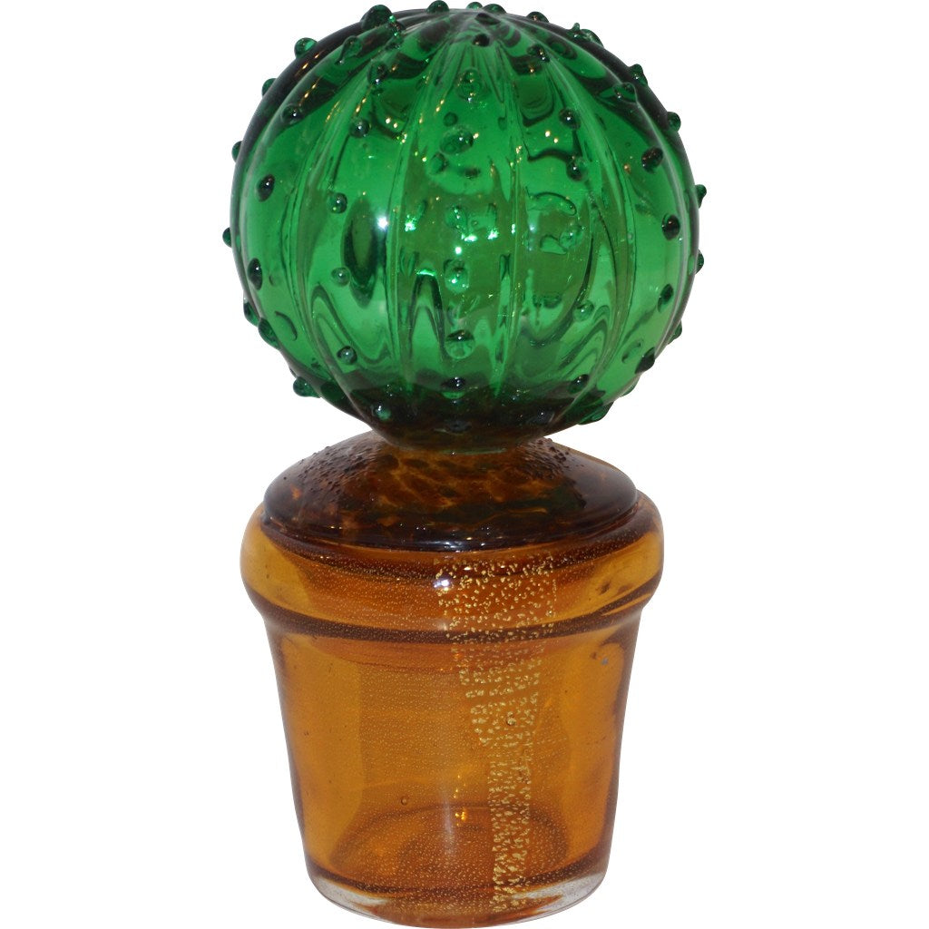 1990s Vintage Italian Vivid Green Murano Glass Small Cactus Plant in Gold Pot