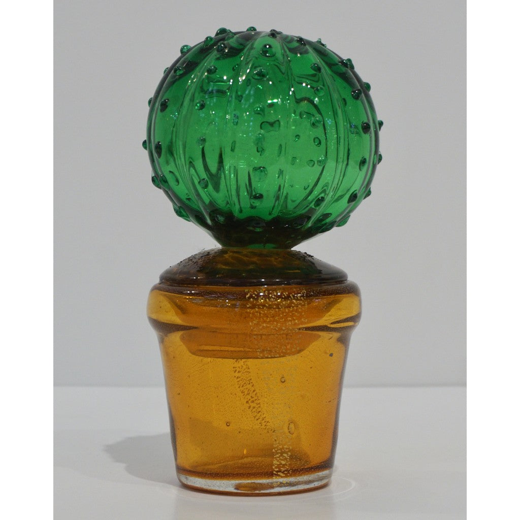 1990s Vintage Italian Vivid Green Murano Glass Small Cactus Plant in Gold Pot