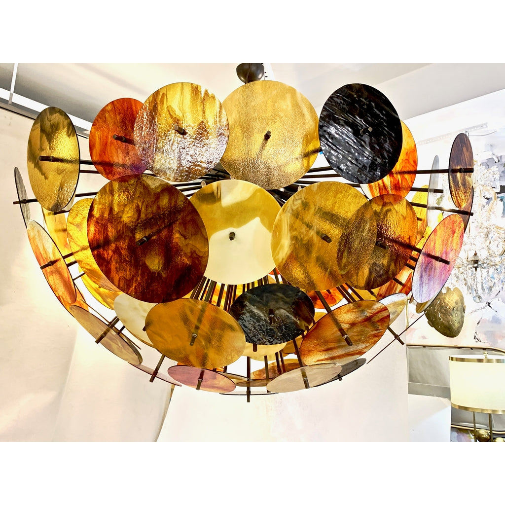 Bespoke Italian Amber Orange Brown Murano Glass Bronze Finish Sputnik Flushmount