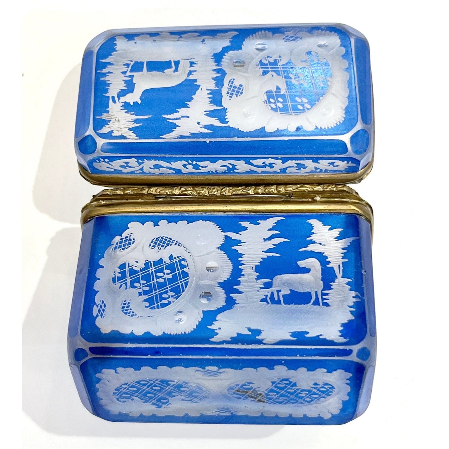 Antique Austrian Sky Blue Bohemian Engraved Cut Crystal Trinket Box with Lid