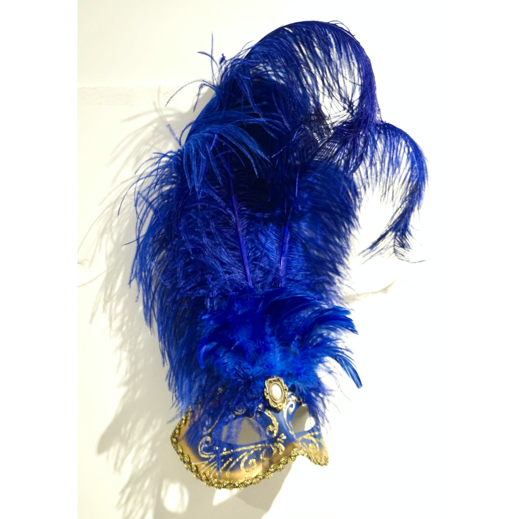 Italian Modern Venetian Handmade Blue and Gold Carnival Mask with Feathers