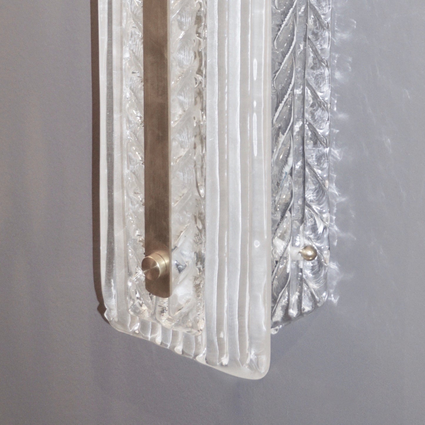 Italian Modern Pair Tall White Crystal Leaf Textured Murano Glass Nickel Sconces
