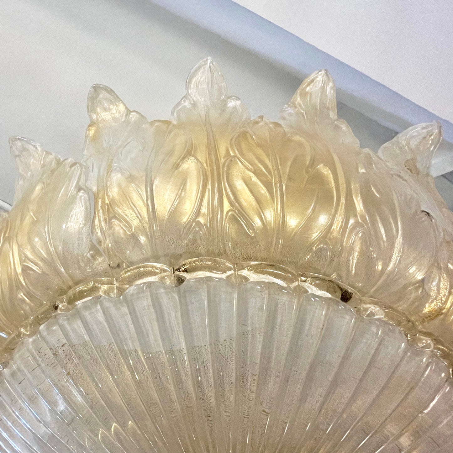 Italian Leaf Decor Pearl White and Gold Murano Glass Flush Mount Chandelier 1980