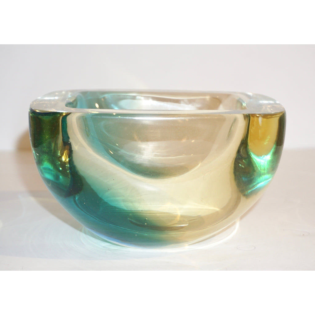 Venini 1970s Italian Square Golden Yellow and Acqua Green Murano Glass Bowl