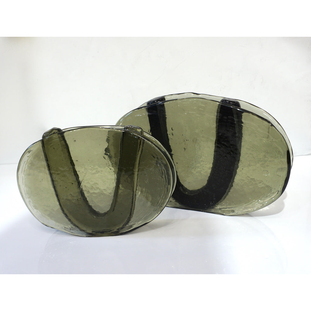 1970s Vintage Abstract Italian Smoked Green & Black Murano Glass Oval Flower Vase