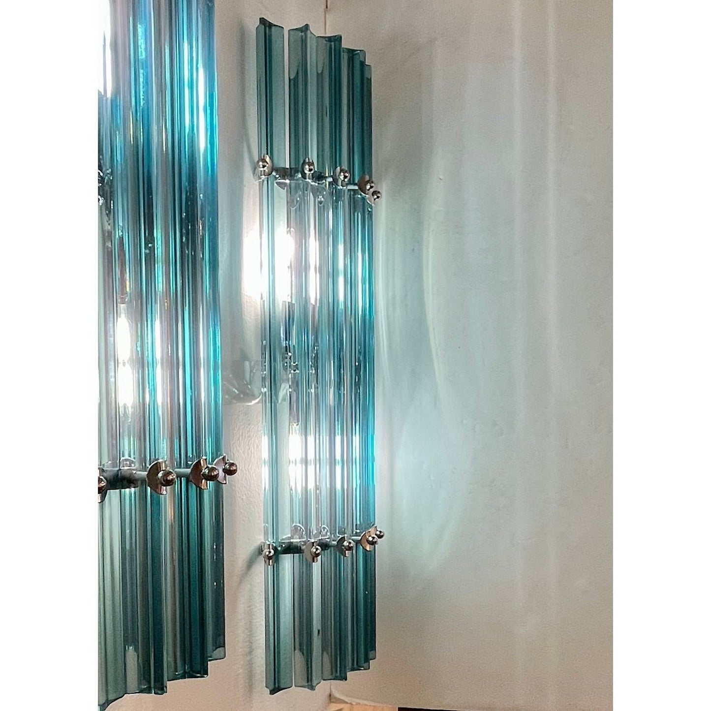 Italian Contemporary Minimalist Pair of Aquamarine Murano Glass Nickel Sconces