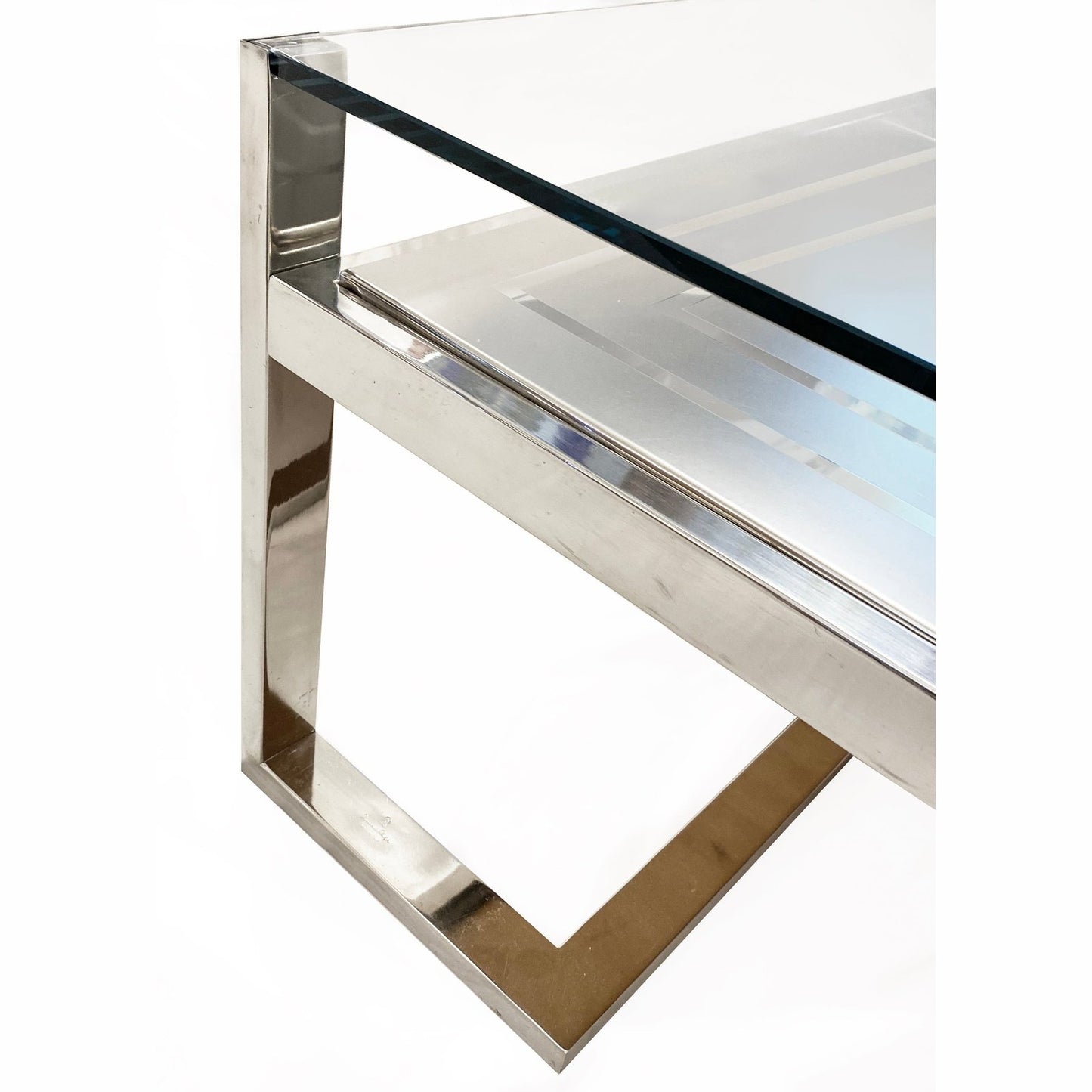 Romeo Rega Italian Geometric Decor Clear Glass Chrome 2 Tier Coffee Sofa Table