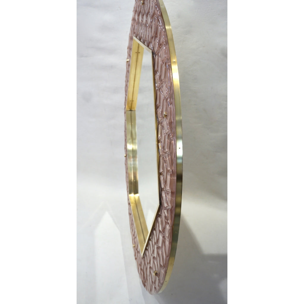 Bespoke Italian Custom Brass and Embossed Pink Murano Glass Modern Round Mirror