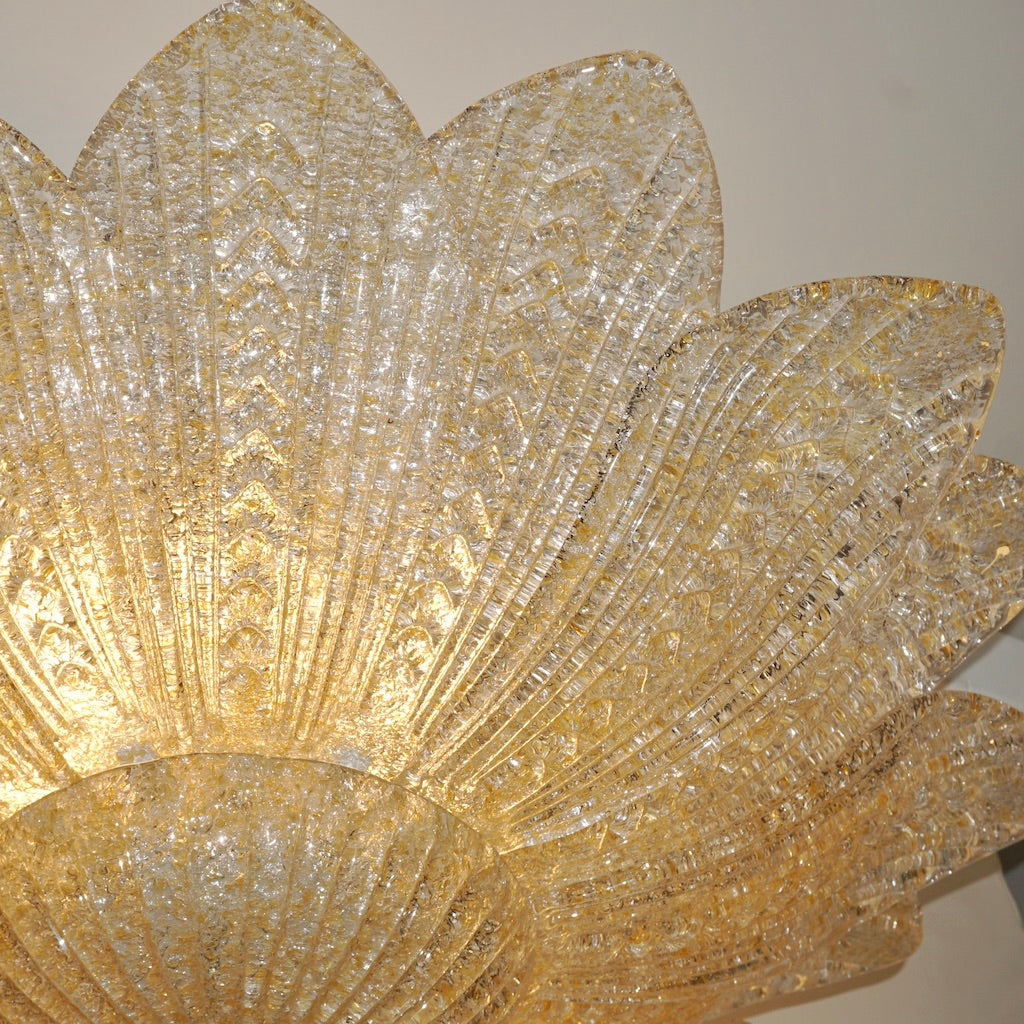 Barovier Toso Style Italian Gold Textured Murano Glass Flower Leaf FlushMount