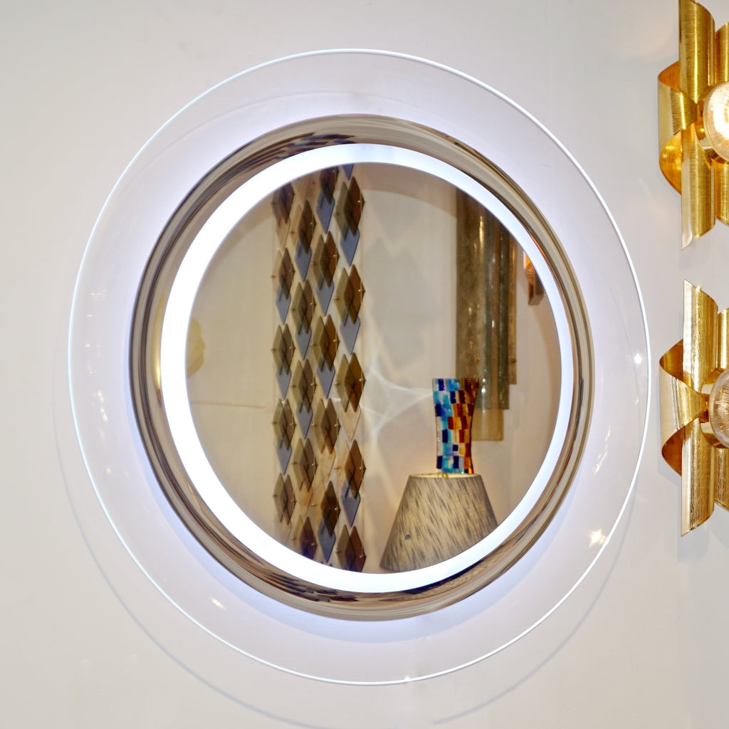 Contemporary Italian Minimalist Curved Silver & Frosted Glass Round Lit Wall Mirror