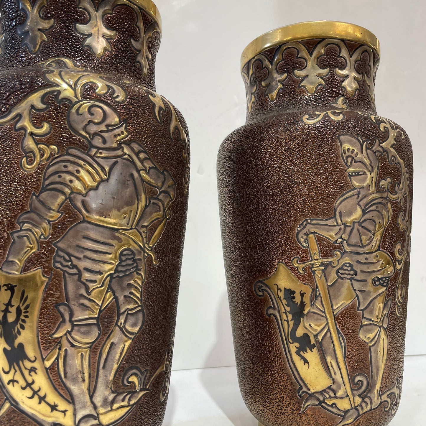 1880 Gien French Faience Pair Majolica Gold & Brown Vases with Armored Knights