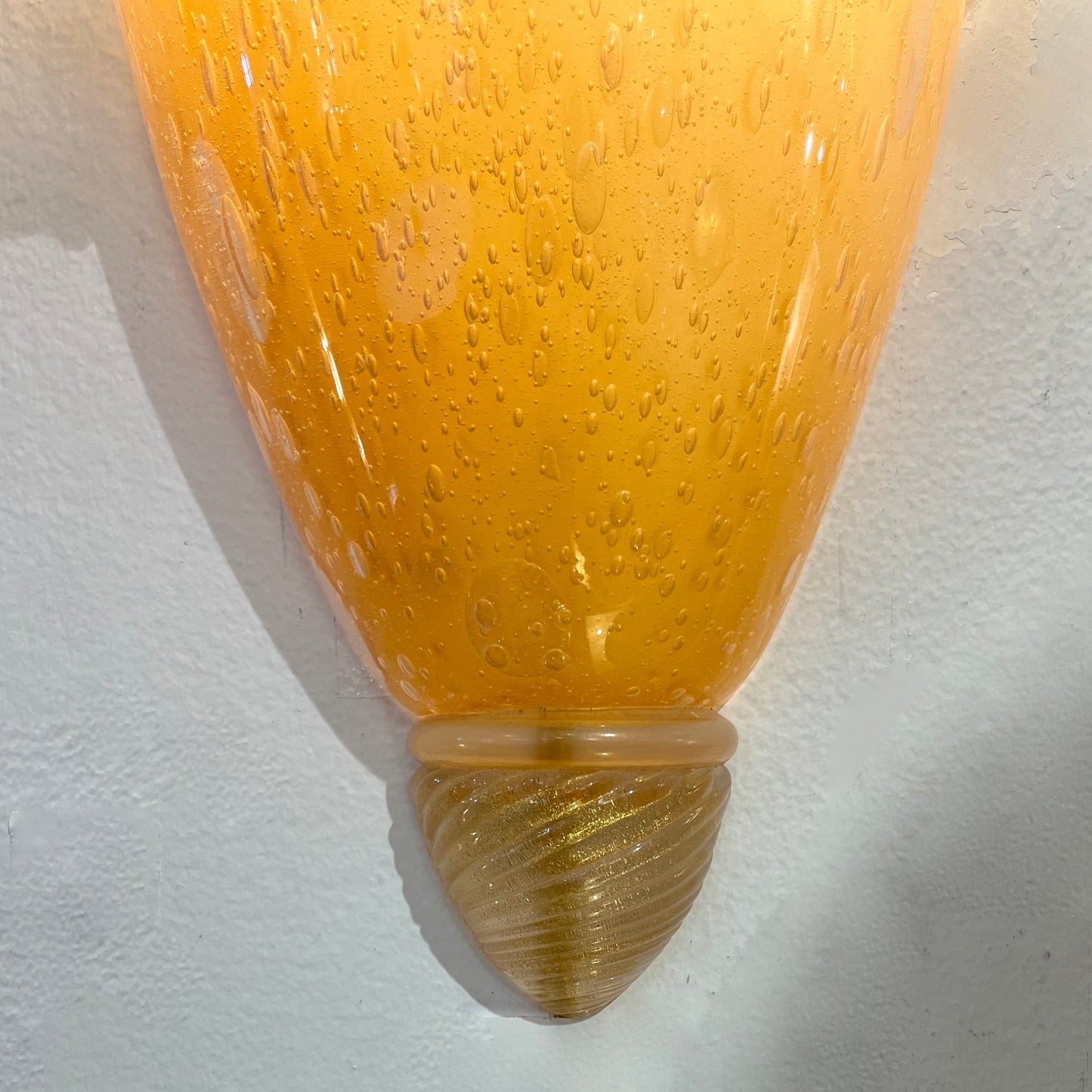 Italian Vintage Pair of Sconces in Amber Gold Glass with Hanging Crystal Leaves