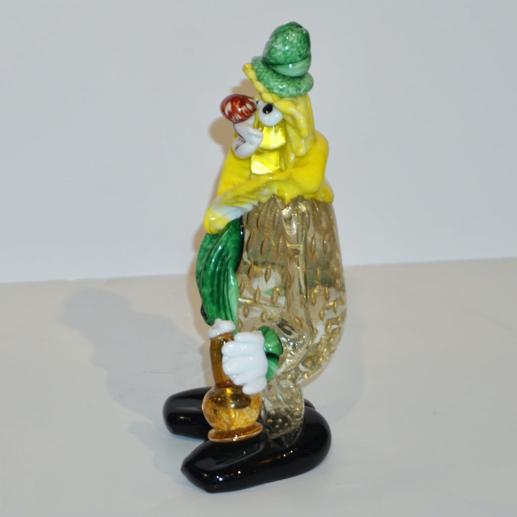 Modern Italian Yellow Black Murano Glass Clown Sculpture with Bottle & Green Tie