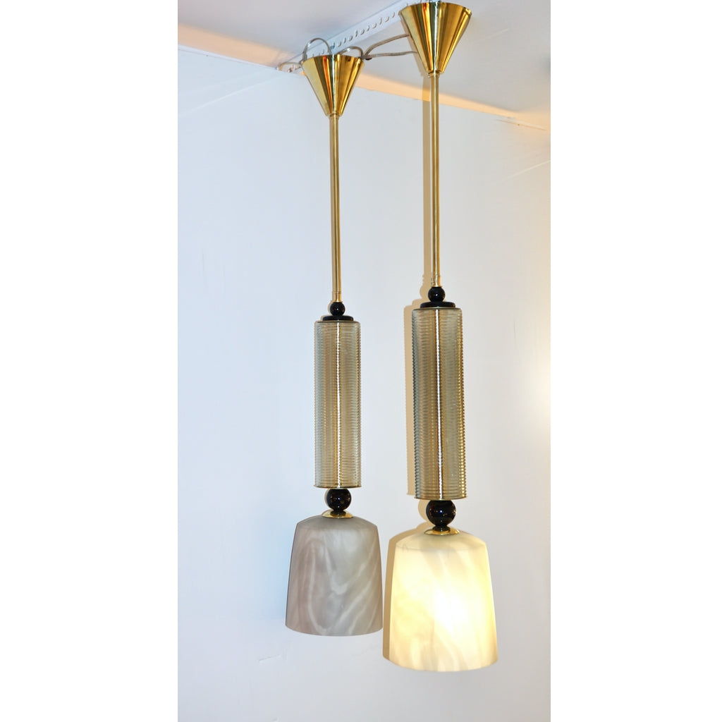 Contemporary Modern Crystal Black and Alabaster Murano Glass Brass Pendant Light