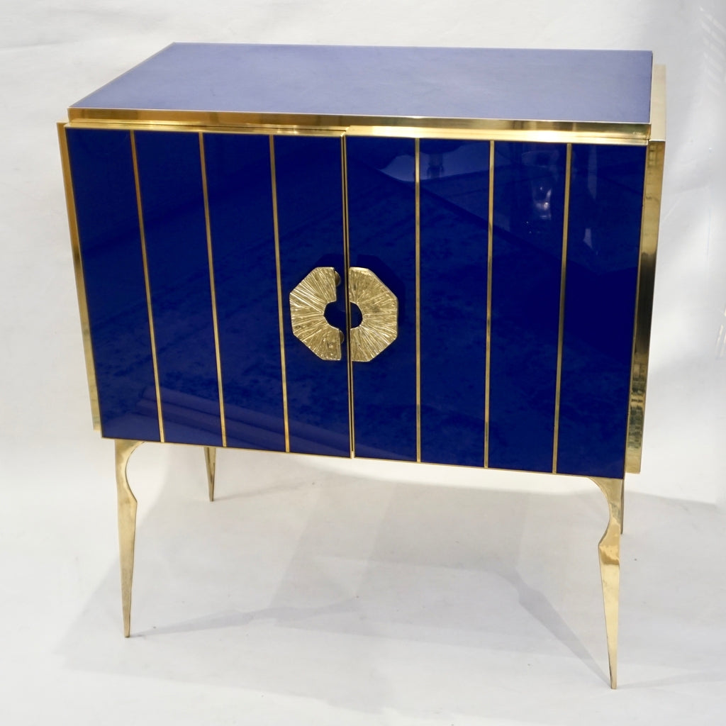 Contemporary Italian Custom Art Deco Style Royal Blue Glass Modern Cabinet /Bar