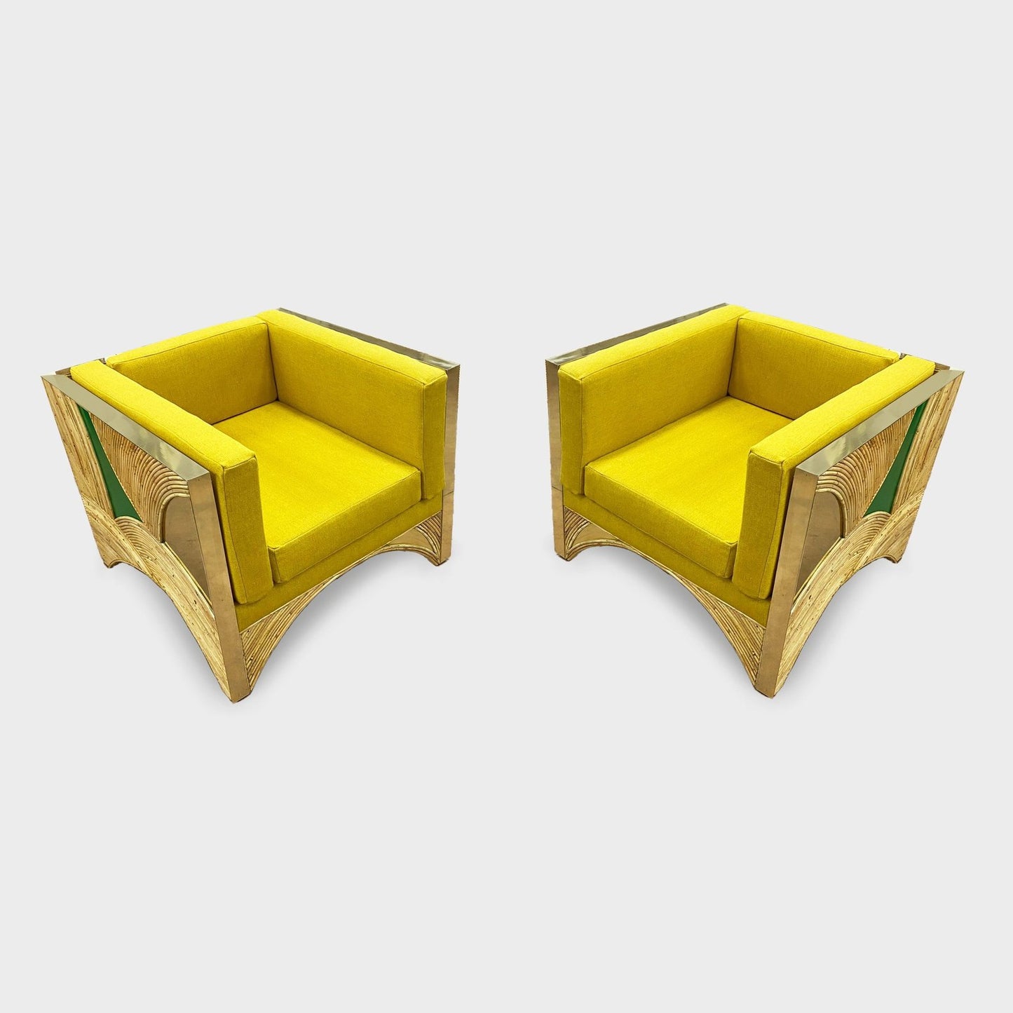 Contemporary Italian Rattan Armchair with Green Brass Details & Yellow Fabric