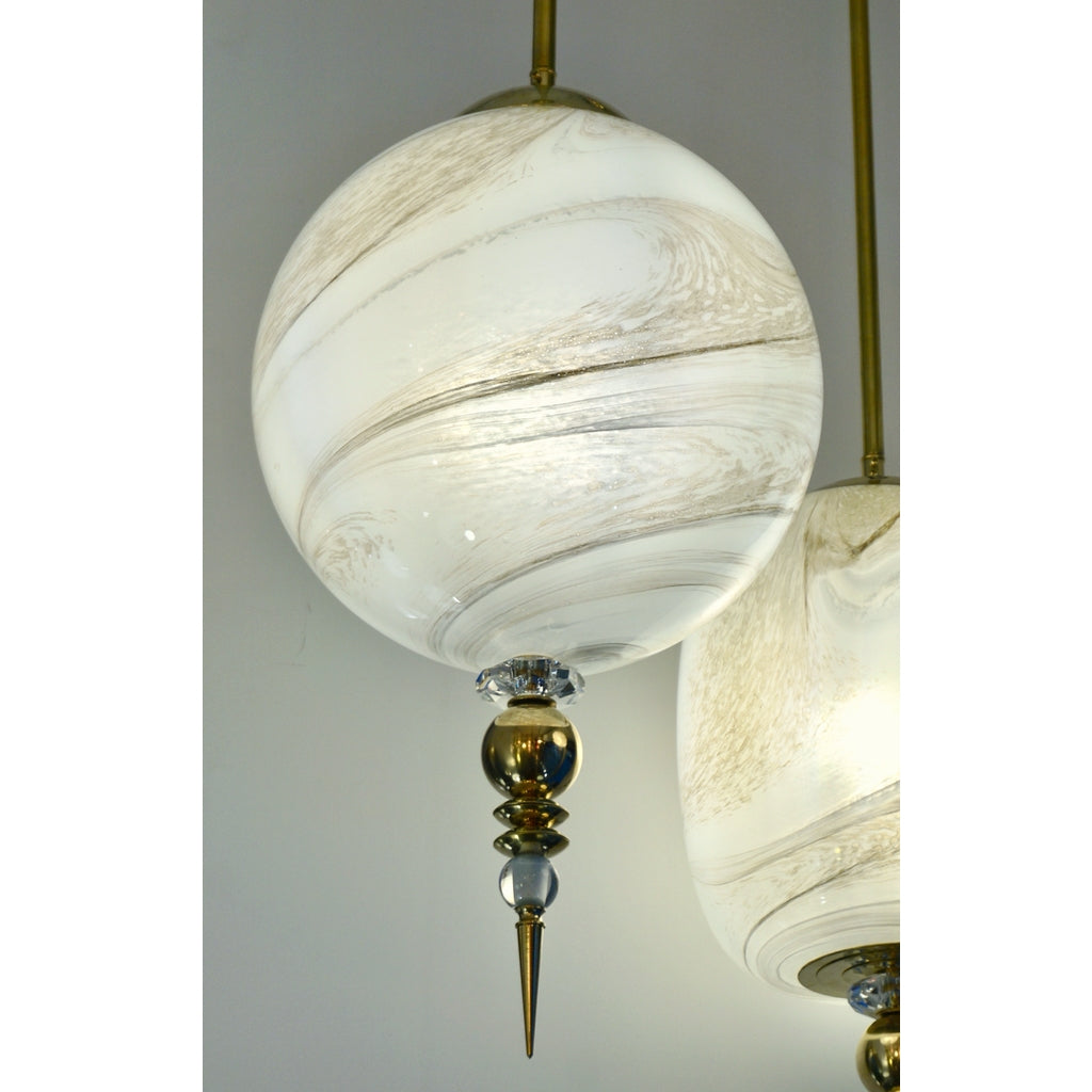 Contemporary Italian Brass and Cream White Alabaster Glass Round Pendant Light