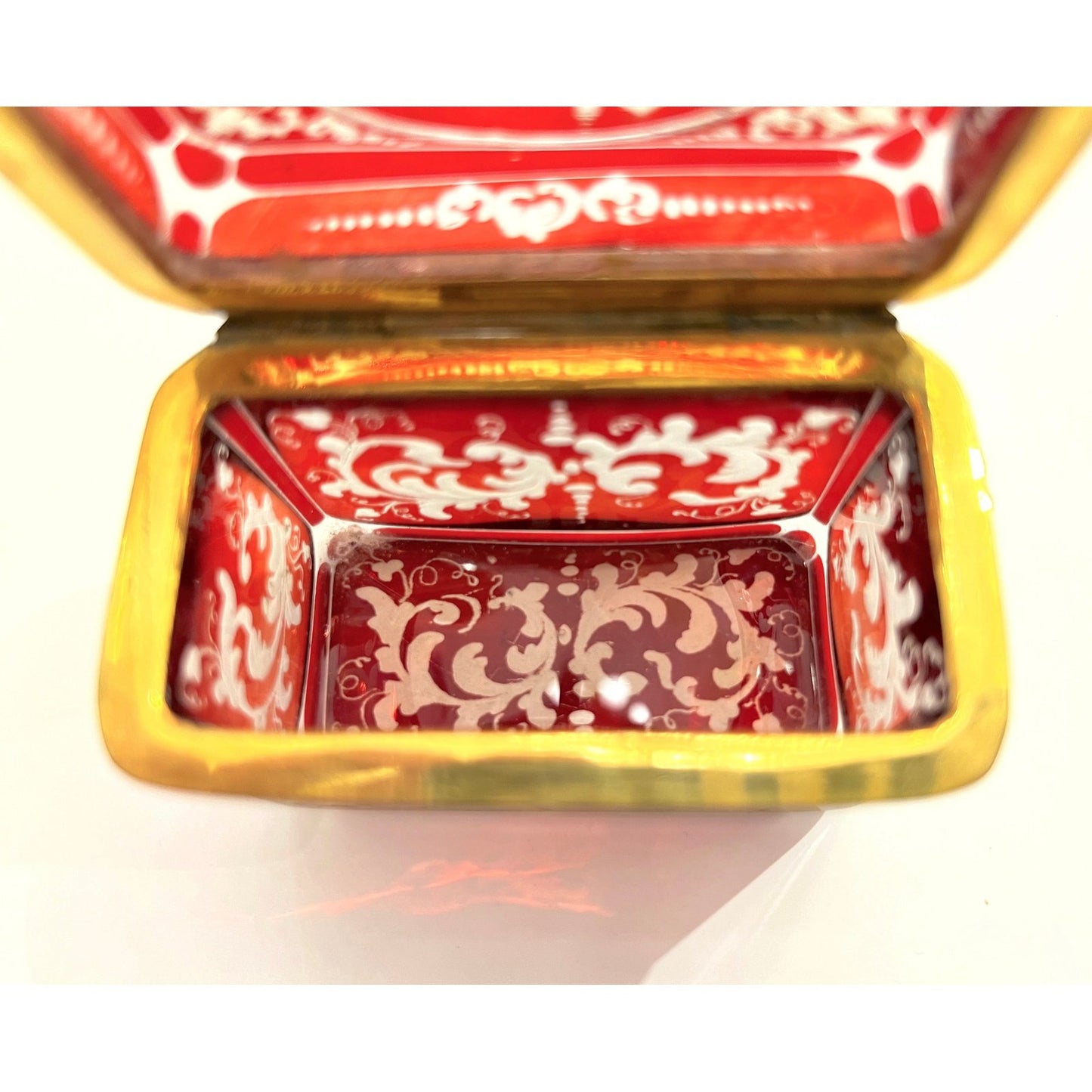 Antique Austrian Hinged Lid Ruby Red Bohemian Engraved Cut Crystal Trinket Box