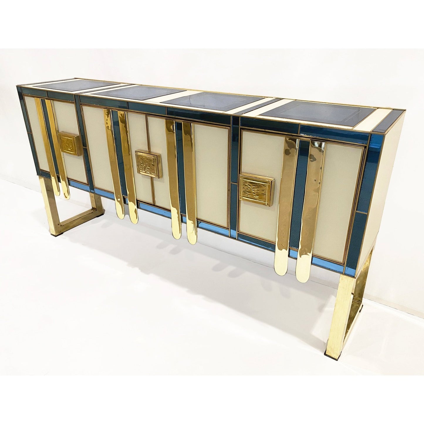 Mid-Century Modern Vintage Italian Aqua Blue Cream Gold Brass Modern Sideboard