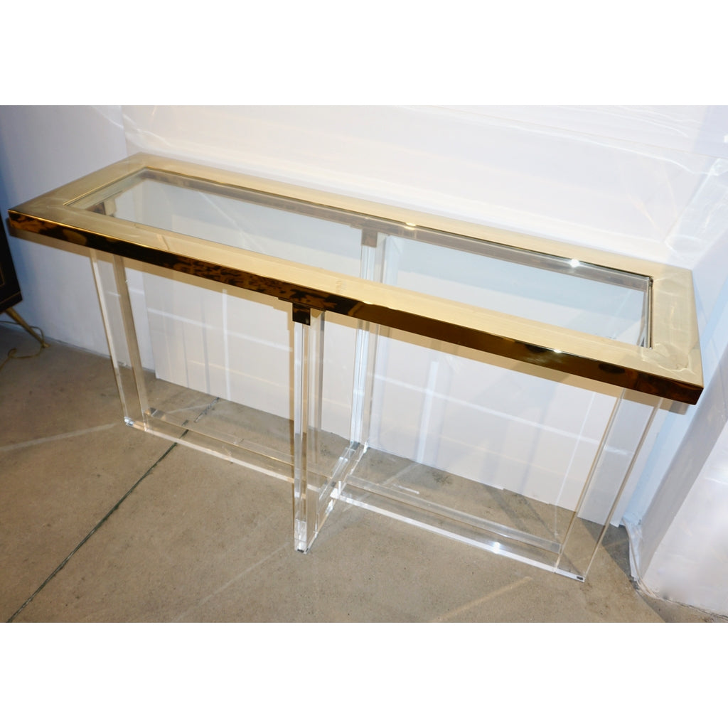 Contemporary Bespoke Modern Geometric Design Clear Lucite and Gold Steel Console