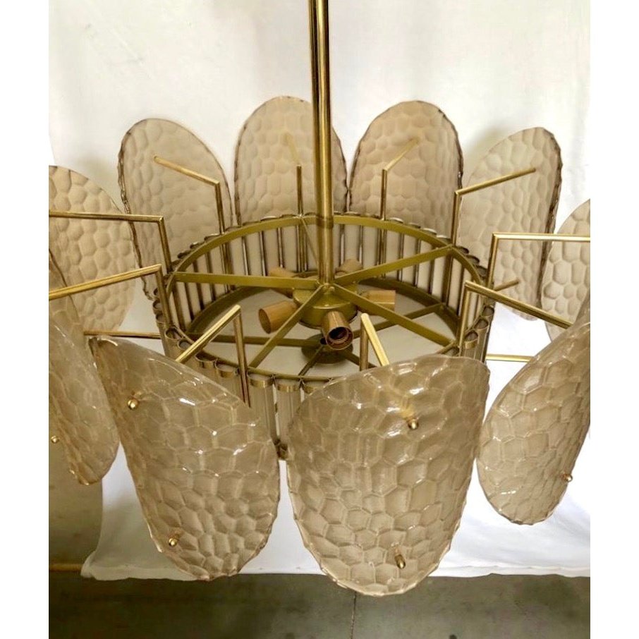 Bespoke Italian Crystal Smoked Taupe Murano Glass Brass Chandelier / Flushmount
