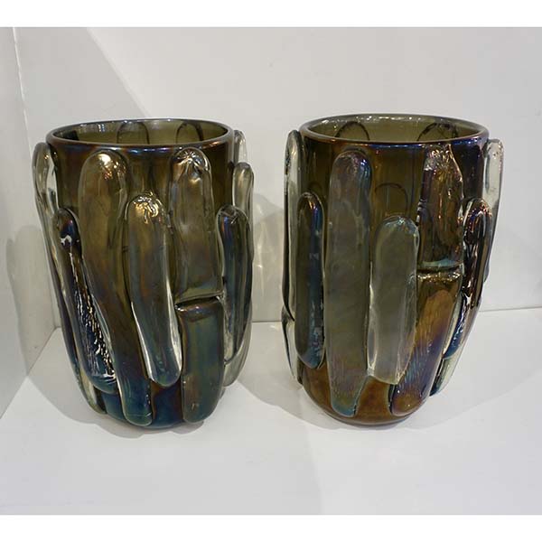 Cenedese Italian Modern Pair of Iridescent Black Smoked Murano Glass Vases