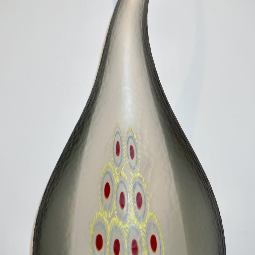 Dona Modern Art Glass Smoked Gray Sculptural Vase with Red and Yellow Murrine