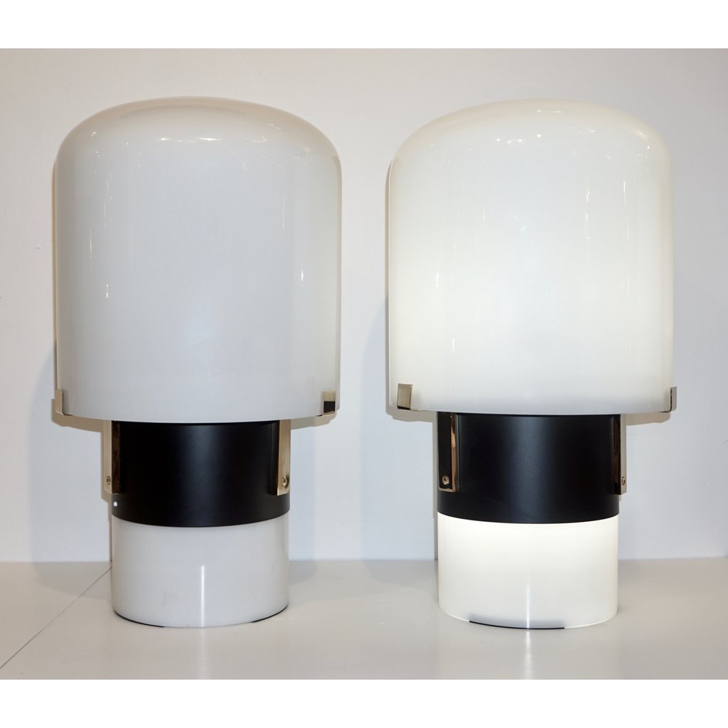 1970 Italian Minimalist Pair of Black White Glass Double-Lit Lucite Modern Table Lamps