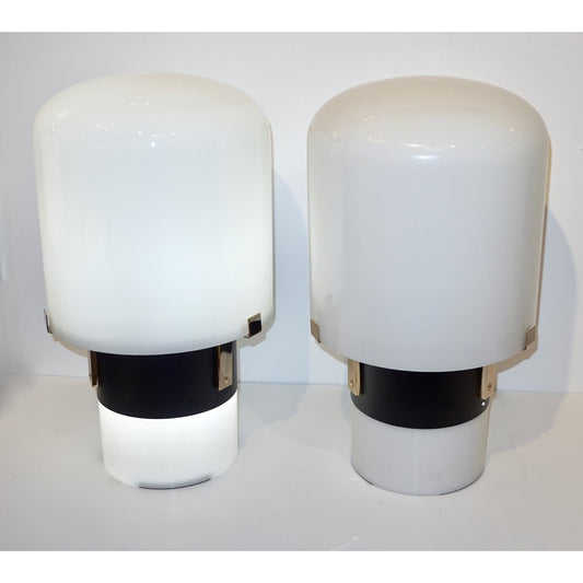 1970 Italian Minimalist Pair of Black White Glass Double-Lit Lucite Modern Table Lamps