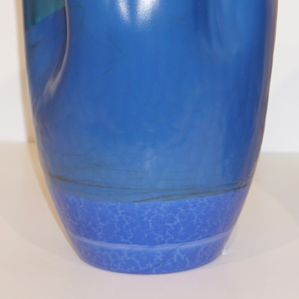 Contemporary Minimalist Iridiscent Royal Blue Murano Glass Pair of Modern Vases