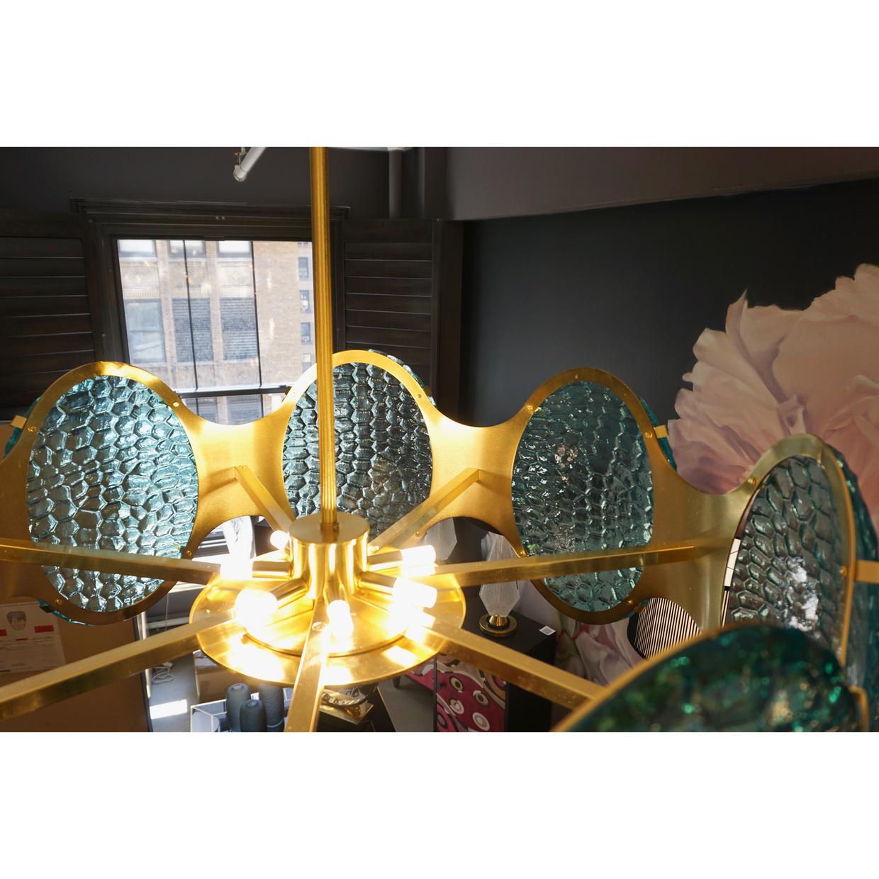 Bespoke Italian Organic Aquamarine Murano Glass Round Brass Chandelier Pendant