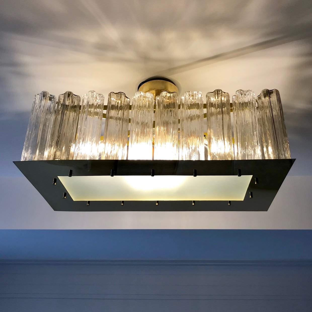Contemporary Art Deco Style Italian Crystal Smoked Murano Glass Flush Chandelier