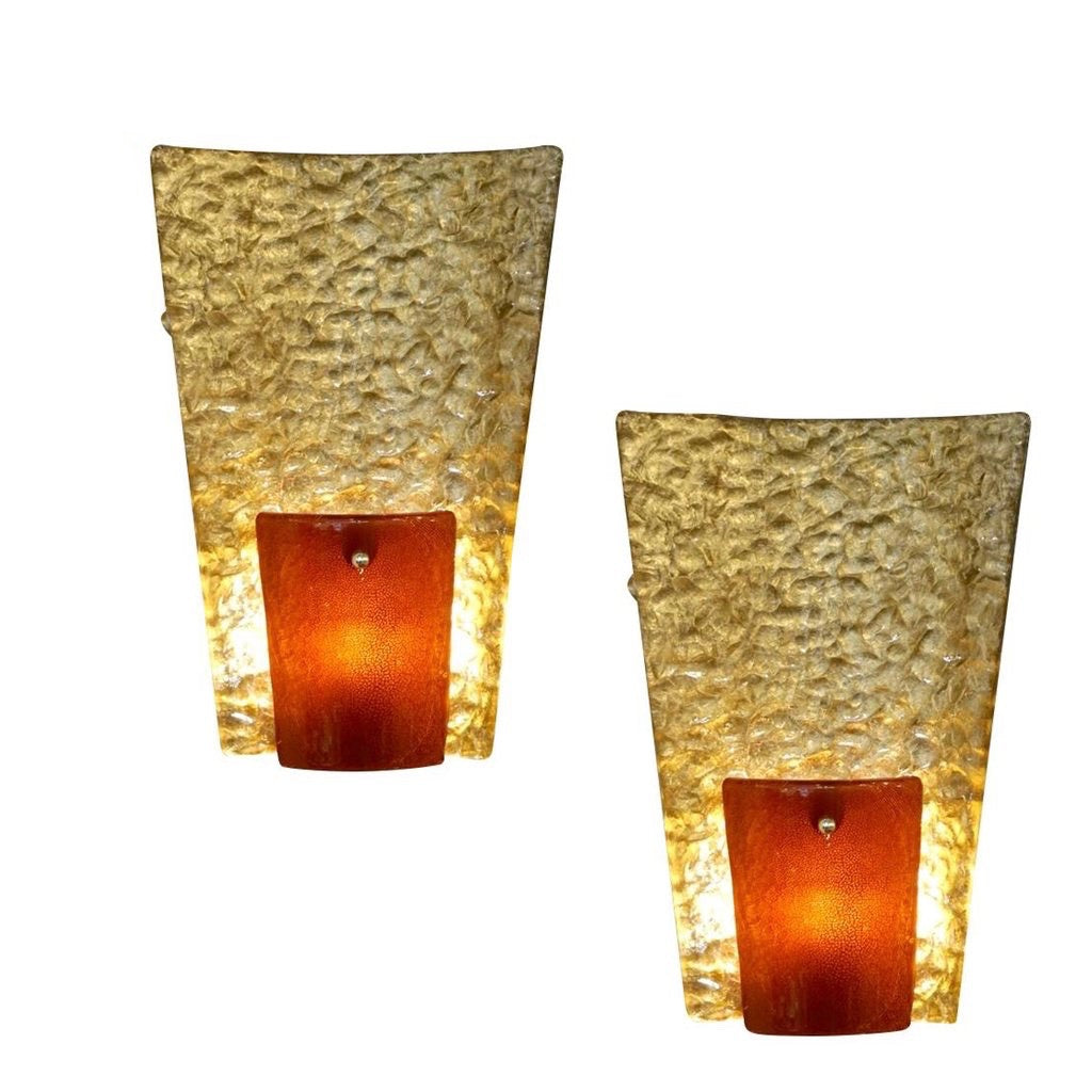 Contemporary Italian Pair of Gold and Amber/Orange Murano Glass Organic Sconces