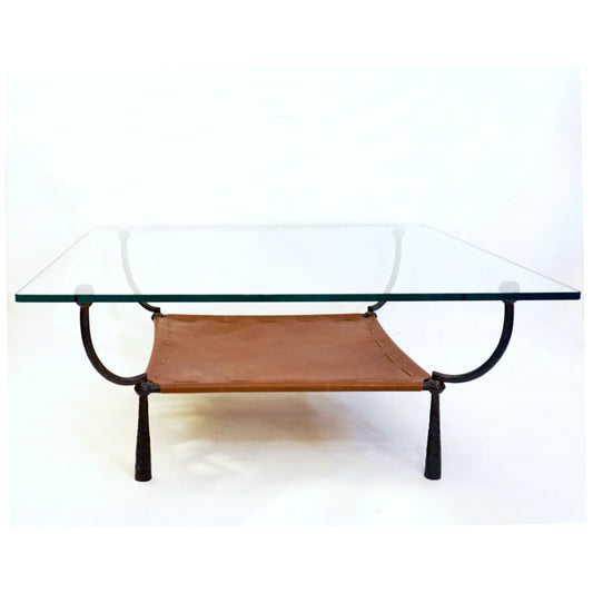 1970 Banci Vintage Italian Wrought Iron Brown Leather Square Glass Coffee Table