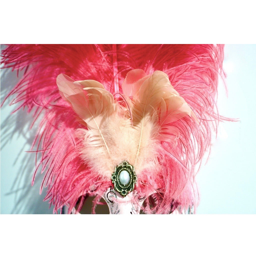 Italian Modern Venetian Handmade Pink and Silver Carnival Mask with Feathers
