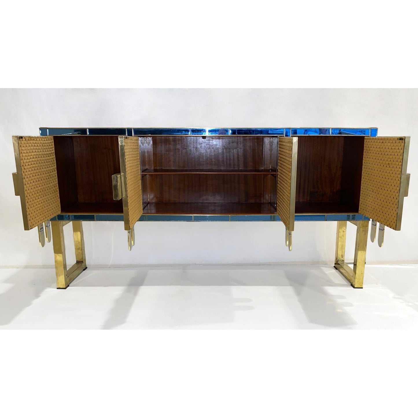 Mid-Century Modern Vintage Italian Aqua Blue Cream Gold Brass Modern Sideboard