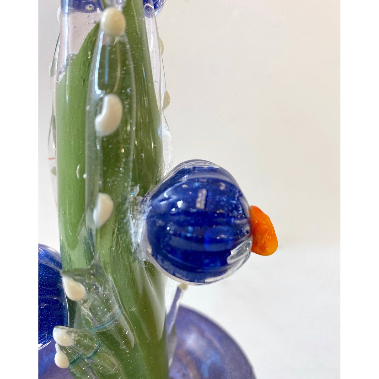 2000s Italian Moss Green Gold Murano Art Glass Cactus Plant with Blue Flowers