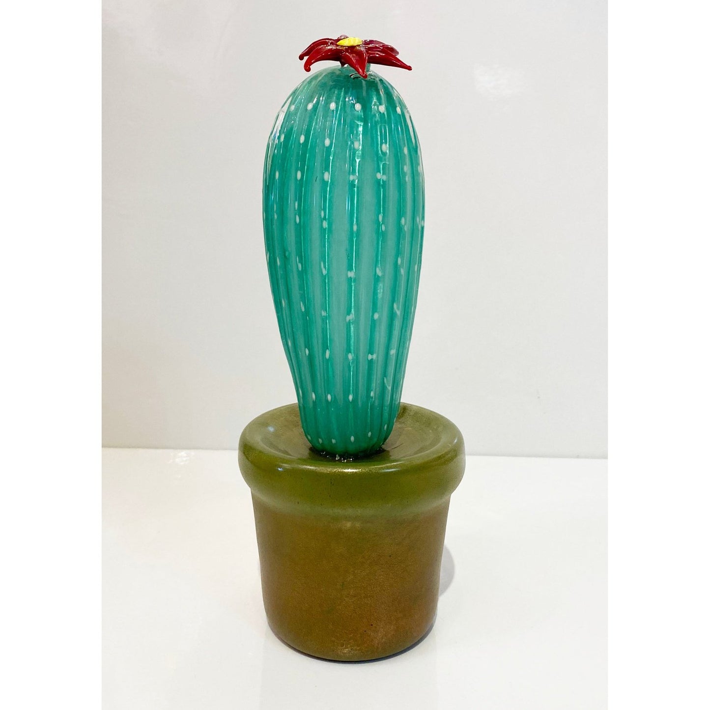 2000s Italian Green Gold Murano Art Glass Cactus Plant with Red Yellow Flower