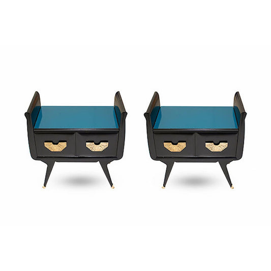 1960s Italian Mid-Century Modern Teal Blue & Black Lacquer Pair of Nightstands