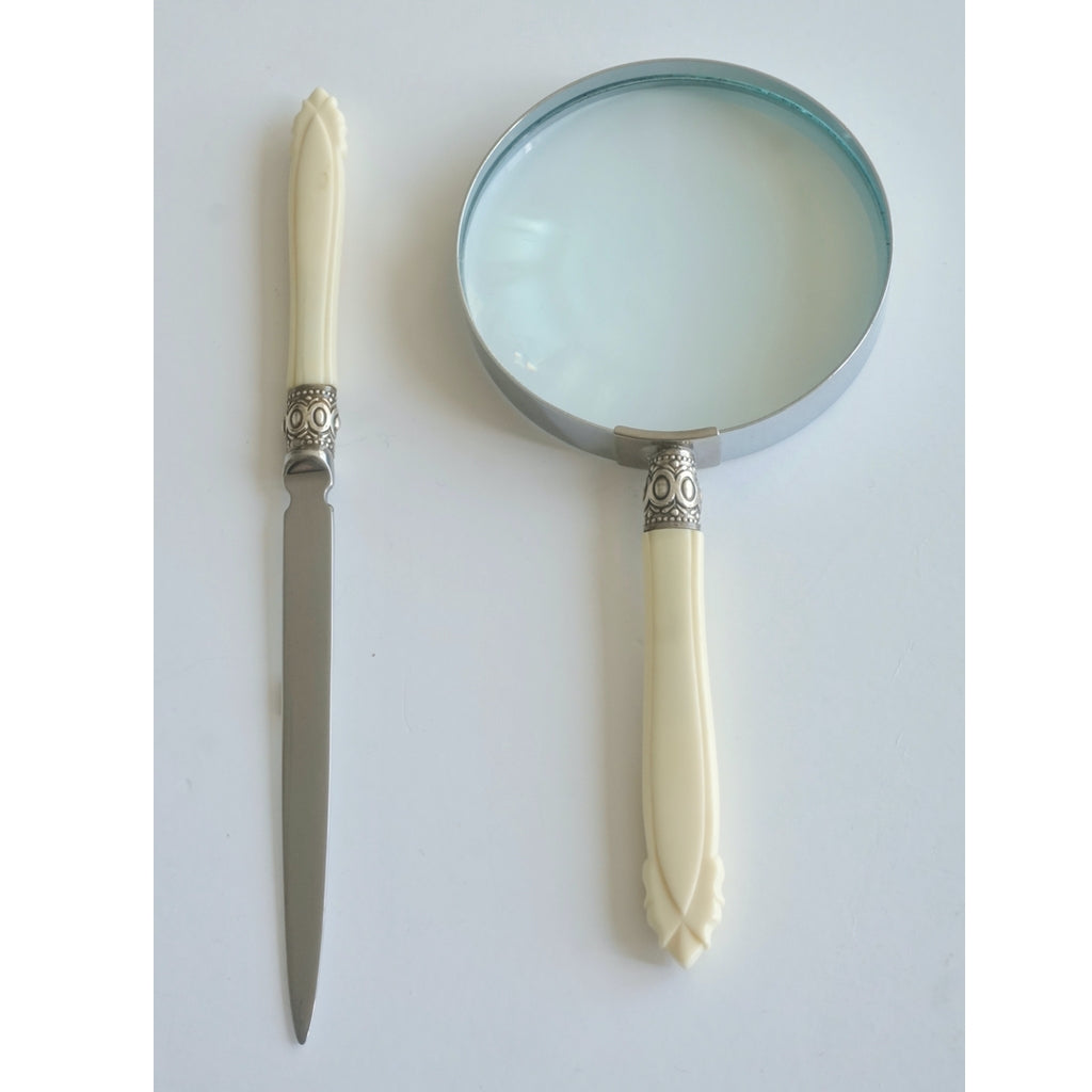 1970s English Magnifying Glass and Letter Opener Desk Set with Bone Handles
